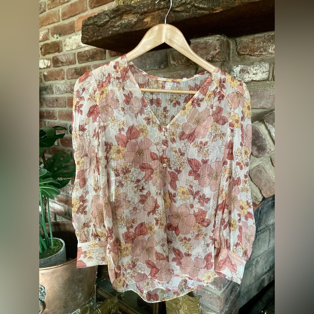 🆕 NWT Veronica Beard Milan Floral Metallic Georgette Melon Flowy V-Neck Blouse